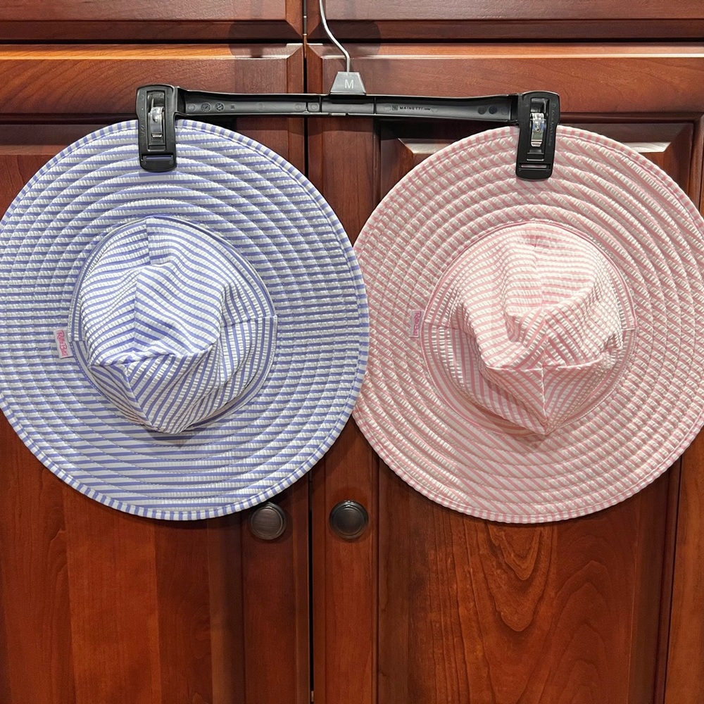 Ruffle Butts sun hats sz 12M-2T blue/wht stripe seersucker & pink/wht seersucker